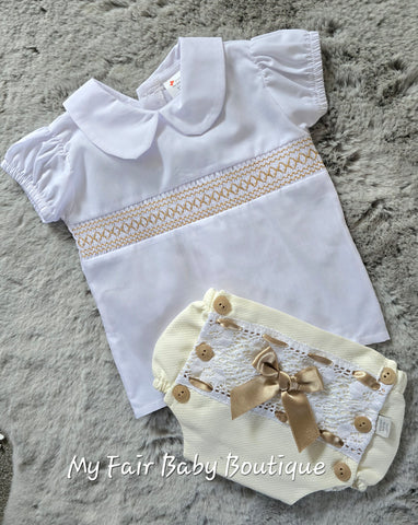 Spanish Baby Girls Cream & Gold Lace Jam Pant Set - 12,18m