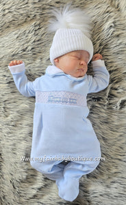 Spanish Baby Boys Blue Smocked Train Velour Sleepsuit/Babygrow ~ 0-9m