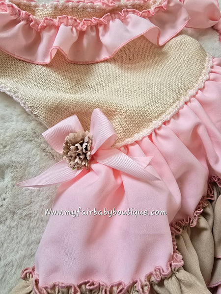 Ela Confeccion SS25 Spanish Girls Pink & Camel Half Knit Off Shoulder Dress - MADE TO ORDER