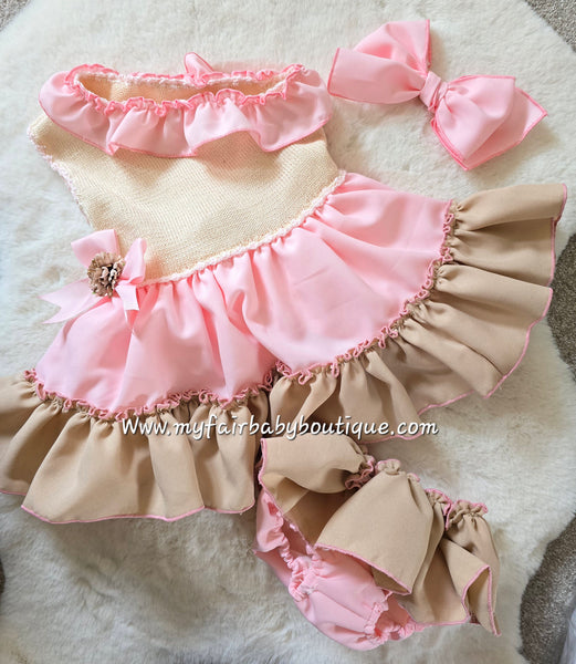 Ela Confeccion SS25 Spanish Girls Pink & Camel Half Knit Off Shoulder Dress - MADE TO ORDER