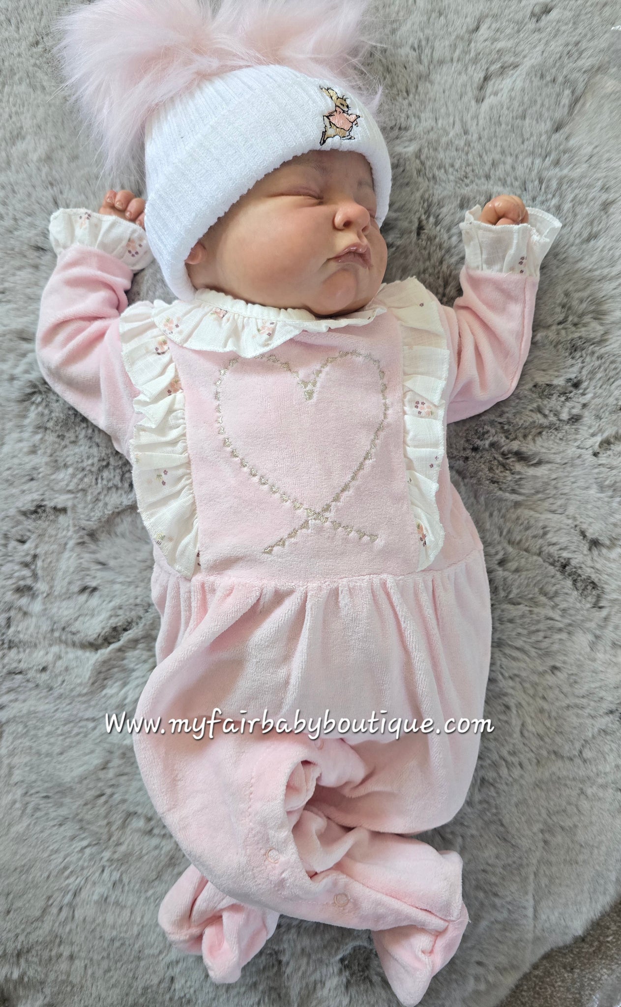 Spanish Baby Girls Pink Heart Velour Sleepsuit/Babygrow