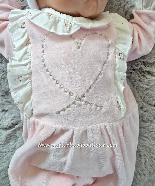 Spanish Baby Girls Pink Heart Velour Sleepsuit/Babygrow