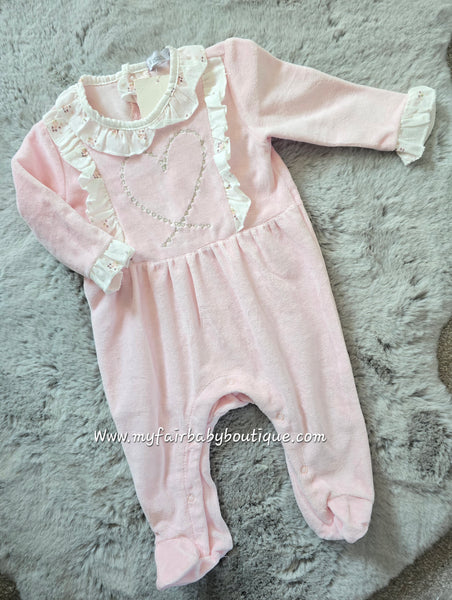 Spanish Baby Girls Pink Heart Velour Sleepsuit/Babygrow