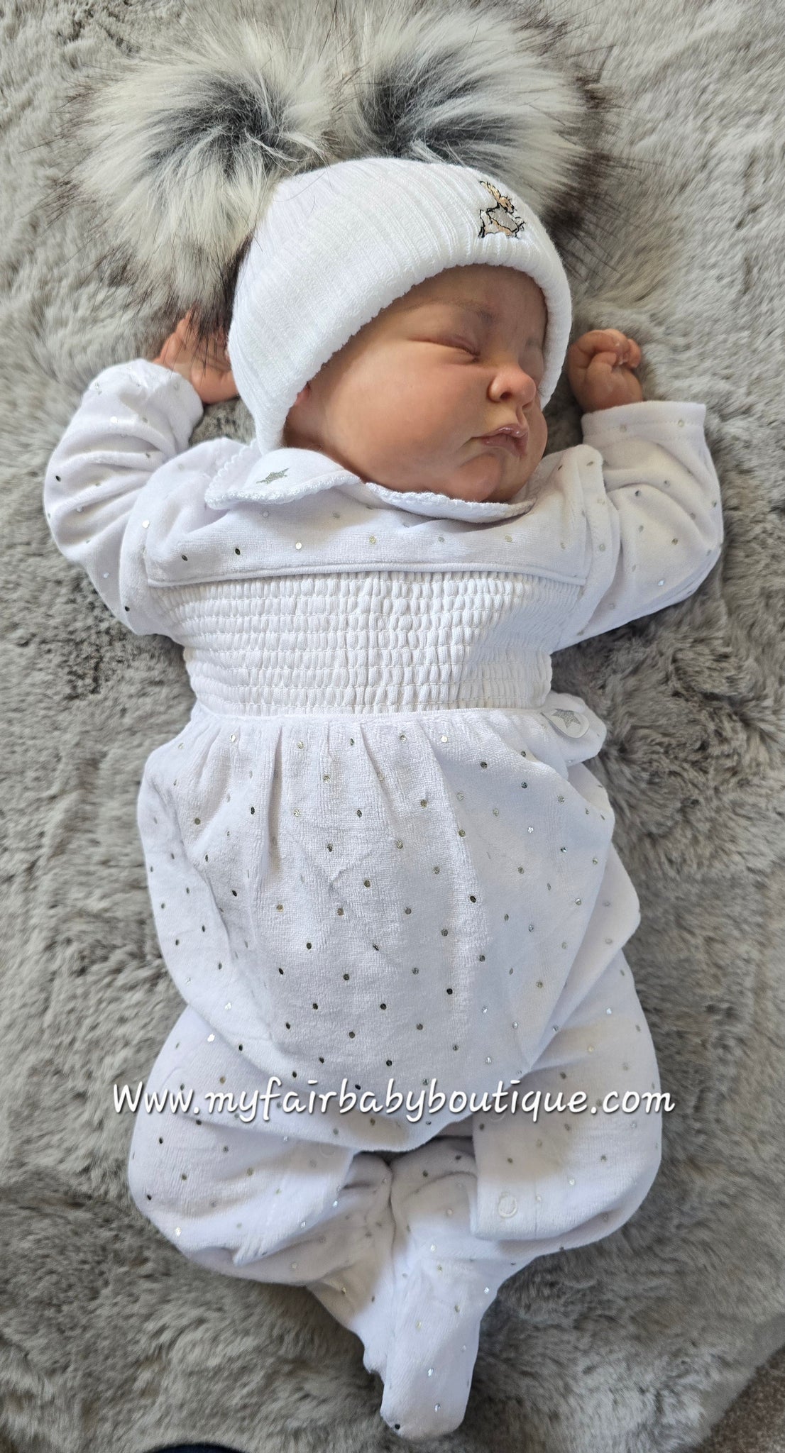 Traditional Unisex Baby White Smocked Stars Velour Sleepsuit / Babygrow