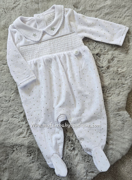 Traditional Unisex Baby White Smocked Stars Velour Sleepsuit / Babygrow