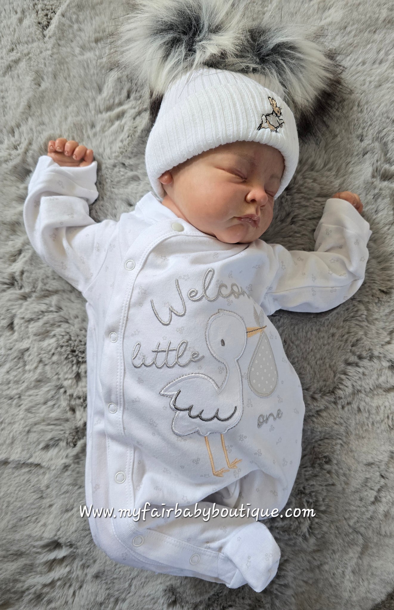 Traditional Unisex Baby White Stork Sleepsuit / Babygrow