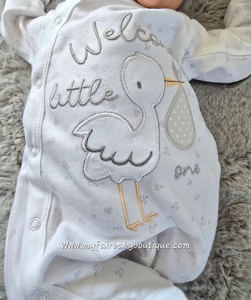 Traditional Unisex Baby White Stork Sleepsuit / Babygrow