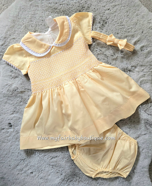 Spanish Girls Smocked Lemon Dress, Pants & Headband ~ 0-4y