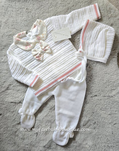 Spanish Baby Girls White & Pink Knitted 3pc Set ~ 0-3m