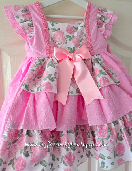 Sonata Infantil SS25 Spanish Girls Roses & Pink Plumeti Puffball Dress VE2518 ~ 3Y ~ IN STOCK NOW