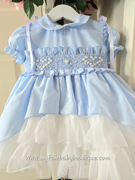 Sonata Infantil SS25 Spanish Girls Blue Smocked Heart Puffball Dress VE2513 ~ 2y ~ IN STOCK NOW