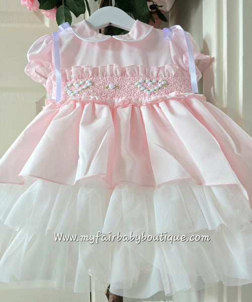 Sonata Infantil SS25 Spanish Girls Pink Smocked Heart Puffball Dress VE2512 ~ 3y ~ IN STOCK NOW