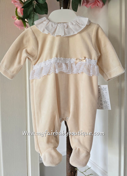 Spanish Baby Girls Beige Lace Velour Sleepsuit/Babygrow ~ NB-6m
