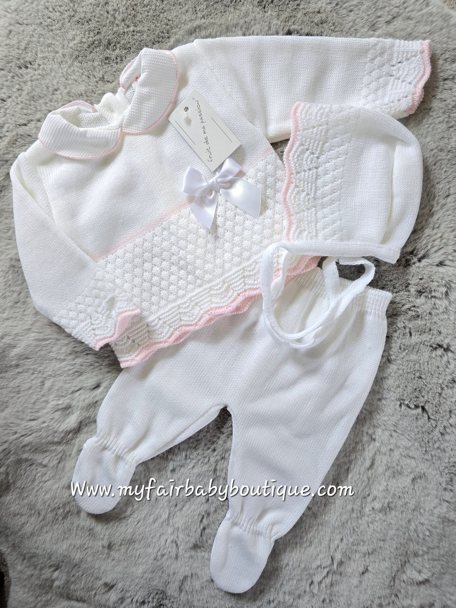 Spanish Baby Girls White & Pink Knitted 3pc Set ~ 0-3m