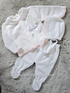 Spanish Baby Girls White & Pink Knitted 3pc Set ~ 0-3m