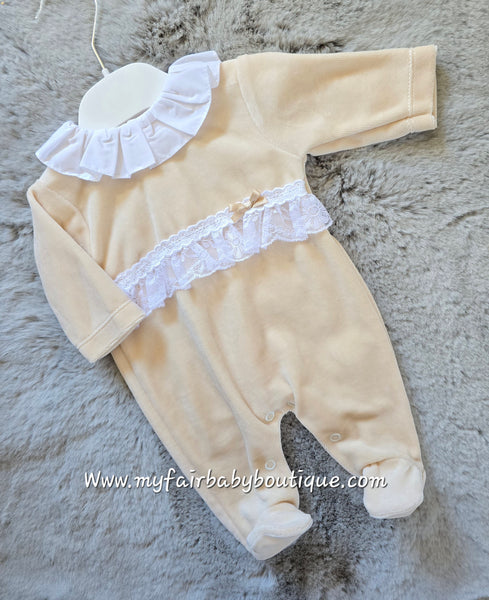 Spanish Baby Girls Beige Lace Velour Sleepsuit/Babygrow ~ NB-6m