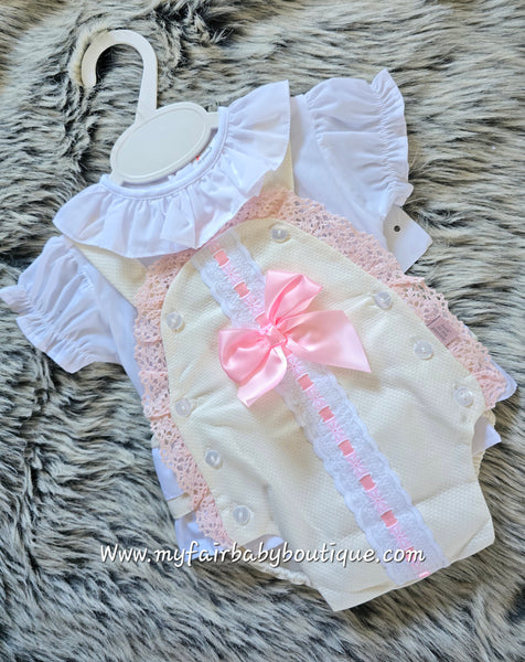 Spanish Baby Girls Cream & Pink Lace & Bow Romper ~ 3-36m