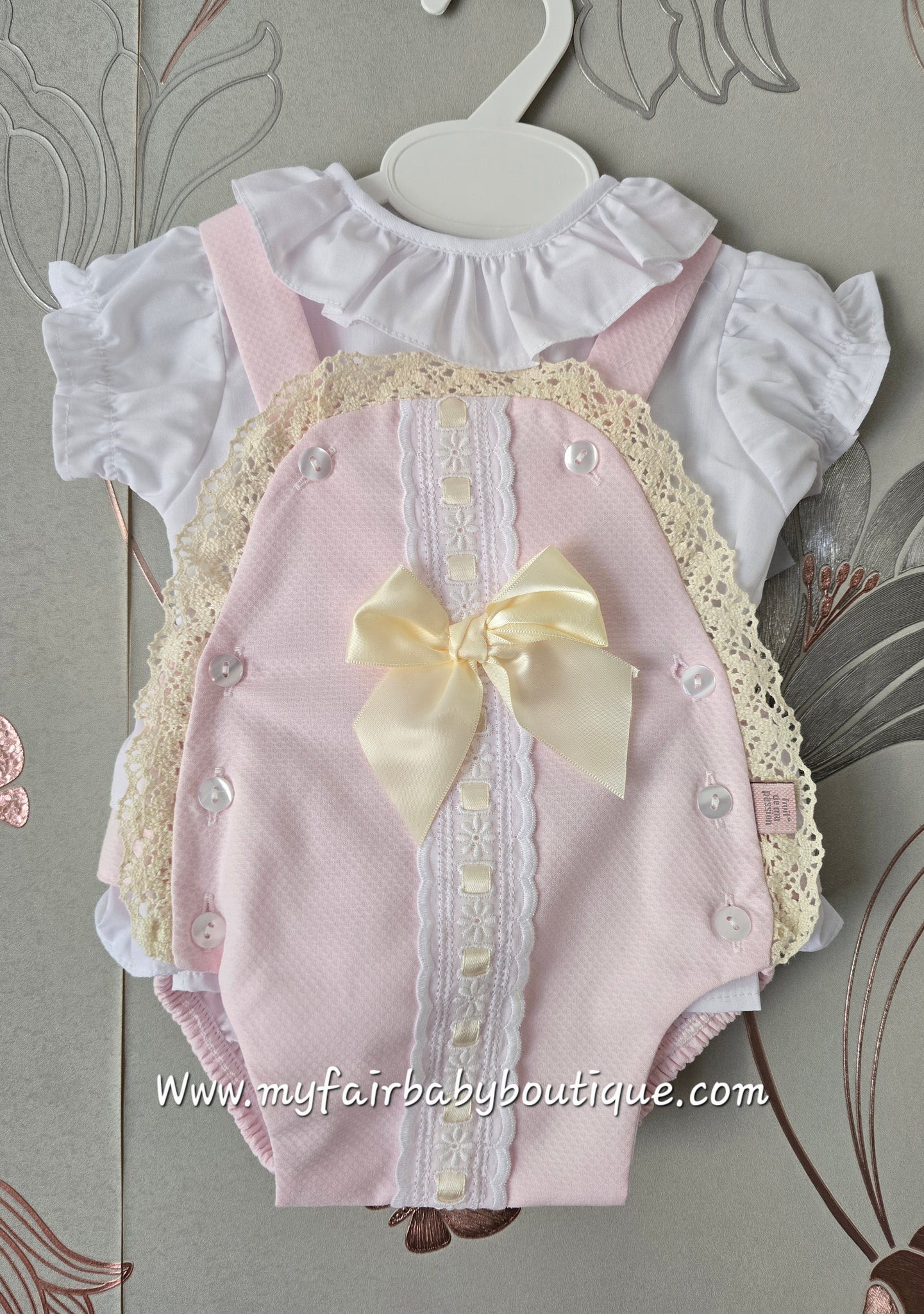 Spanish Baby Girls Pink & Cream Lace & Bow Romper ~ 3-36m