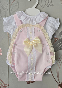 Spanish Baby Girls Pink & Cream Lace & Bow Romper ~ 3-36m