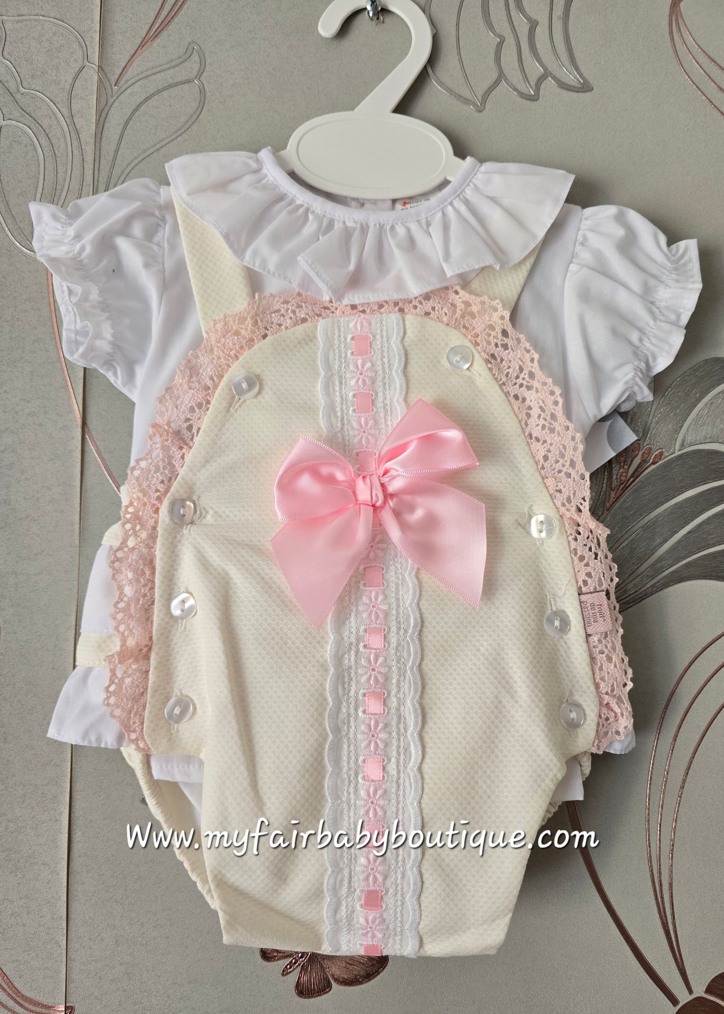Spanish Baby Girls Cream & Pink Lace & Bow Romper ~ 3-36m