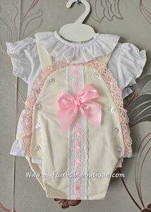 Spanish Baby Girls Cream & Pink Lace & Bow Romper ~ 3-36m