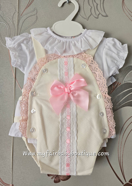 Spanish Baby Girls Cream & Pink Lace & Bow Romper ~ 3-36m