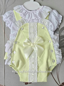 Spanish Baby Girls Lemon Waffle Lace & Bow Romper ~ 3-36m