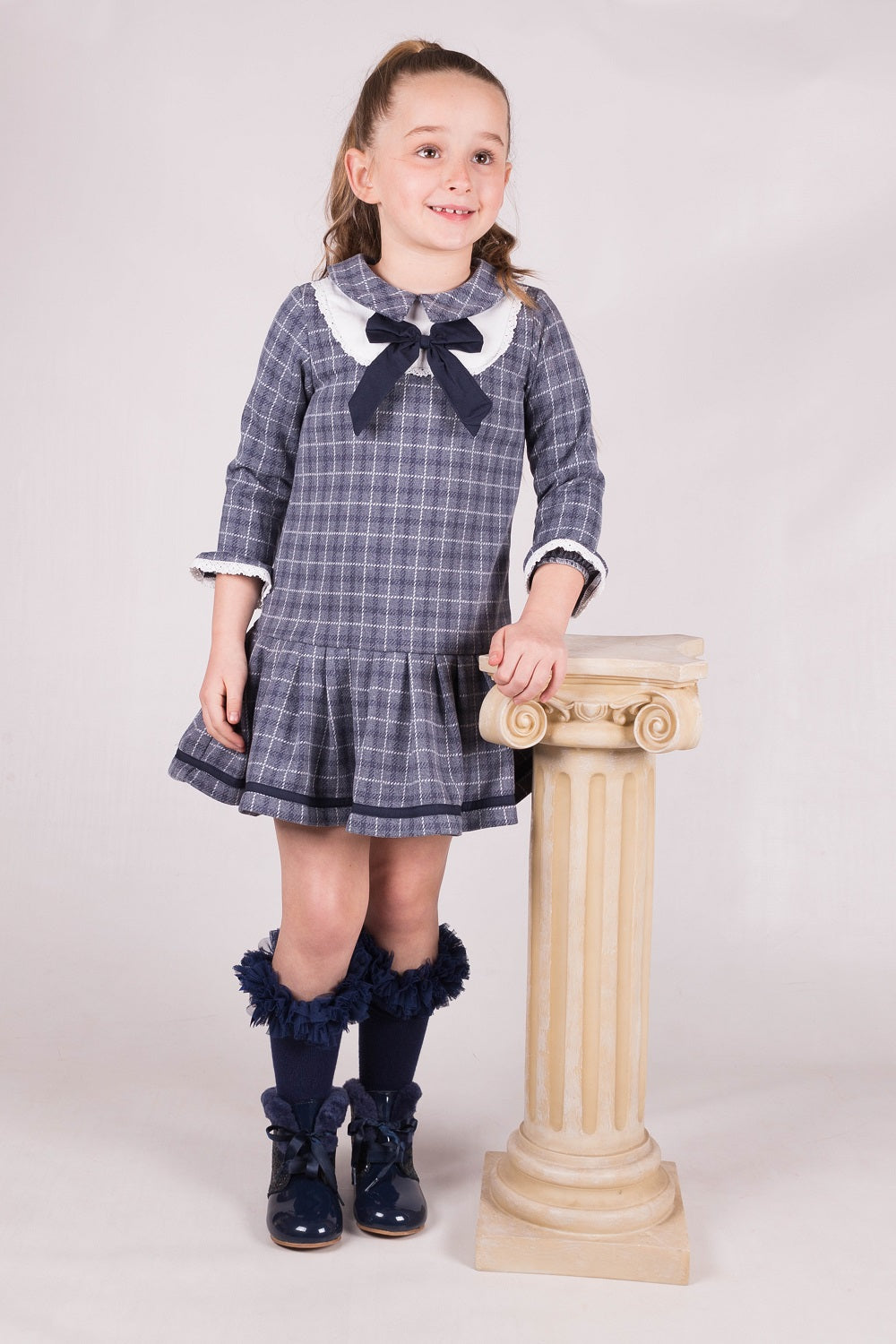 Beau Kid Girls Navy Check Dropwaist Dress