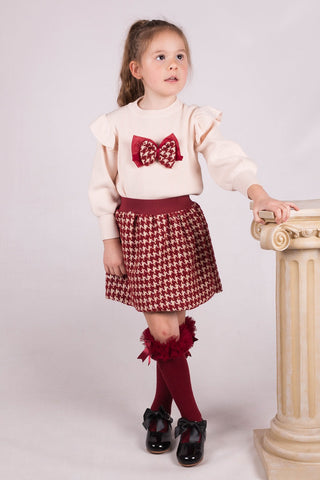 Beau Kid Girls Red Wine Houndstooth Skirt Set