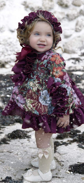 Ela Confeccion AW24 Spanish Girls Burgundy Floral Puffball Christmas Dress Set - MADE TO ORDER