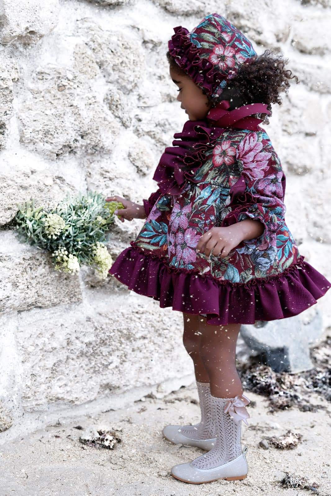 Ela Confeccion AW24 Spanish Girls Burgundy Floral Puffball Christmas Dress Set - MADE TO ORDER