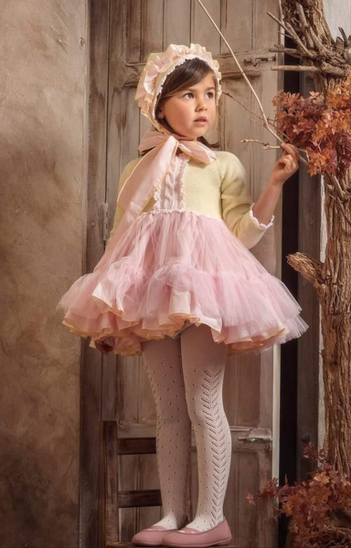 ELA Confeccion Spanish Girls Lemon & Pink Puffball Dress & Pants & Bonnet - 4,5y - NON RETURNABLE