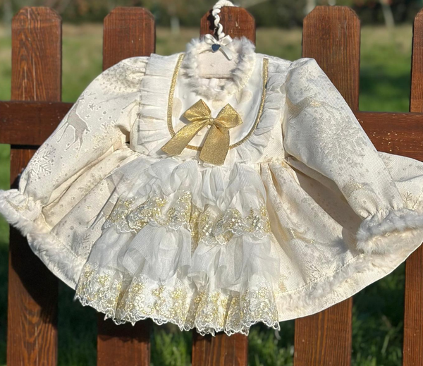 Sonata AW24 Spanish Girls Cream & Gold Reindeer Christmas Dress NA2403 - MADE TO ORDER