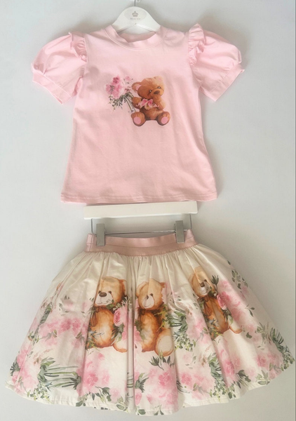 Beau Kid Traditional Girls Pink Teddy Bear Skirt Set ~ 2-8y