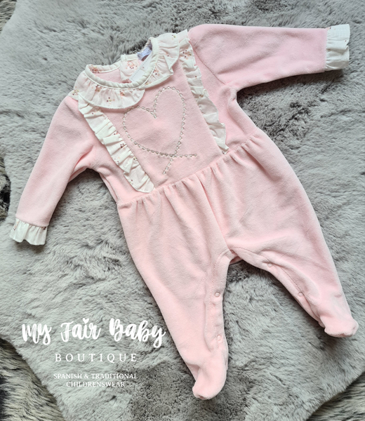 Spanish Baby Girls Pink Heart Velour Sleepsuit/Babygrow