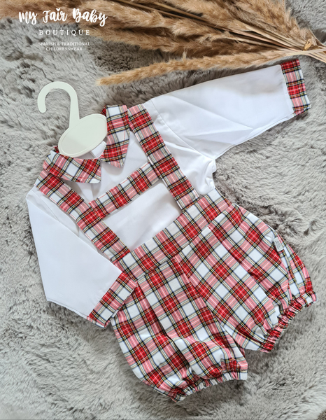 Spanish Baby Boys Red & White Tartan H-Bar Dungarees