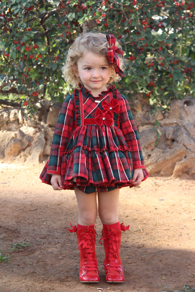 La Amapola Spanish Baby Girls Red & Green Tartan Irina Puffball Dress & Pants - IN STOCK NOW