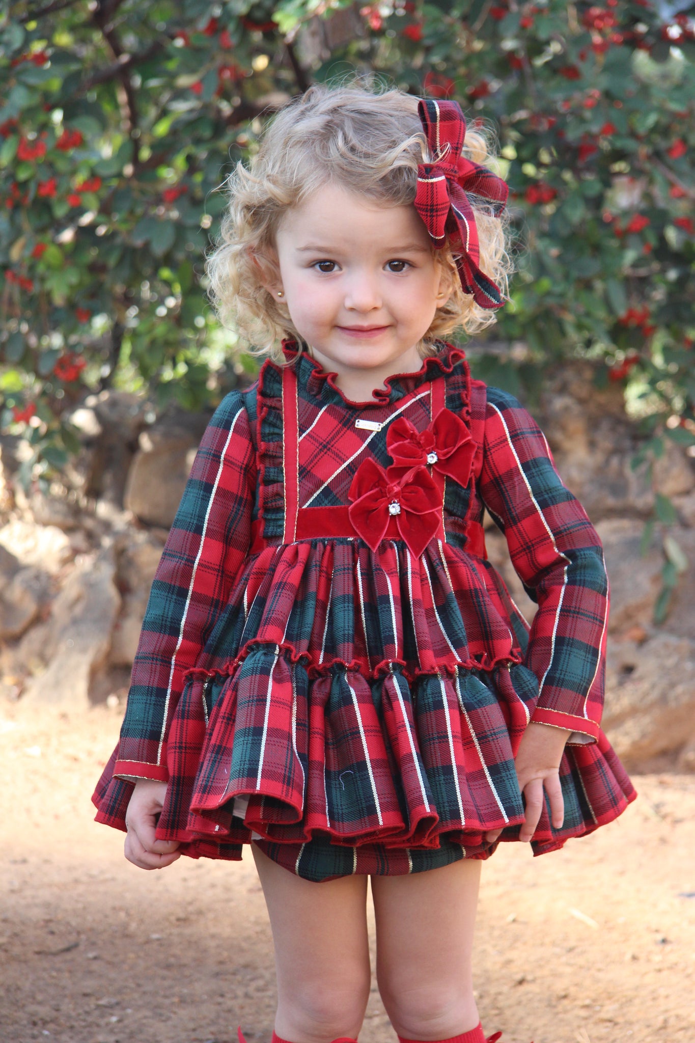 La Amapola Spanish girls red and green tartan puffball dress