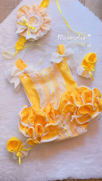 Ela Confeccion Spanish Baby Girls Yellow Lace Romper ~ 3,12,24m ~ IN STOCK NOW