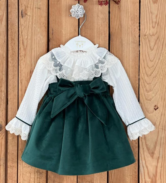 Valentina Bebes Girls Green Velvet Pinafore Dress Set KAX185 ~ 2y