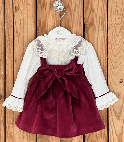 Valentina Bebes Girls Red Velvet Pinafore Dress Set KAX190 - 2-4y