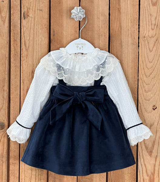 Valentina Bebes Girls Navy Velvet Pinafore Dress Set KAX199 - 12m,2y