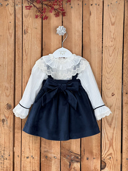 Valentina Bebes Girls Navy Velvet Pinafore Dress Set KAX199 - 12m,2y