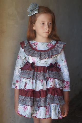 Ela Confeccion AW24 Spanish Girls Wine Floral Dress - MADE TO ORDER