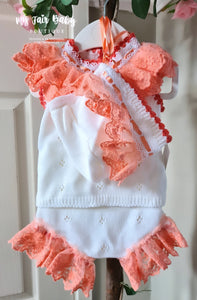 Ela Confeccion Spanish Baby Girls Orange Lace Knitted 3pc Set - 12m