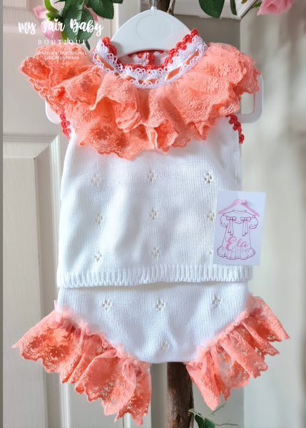 Ela Confeccion Spanish Baby Girls Orange Lace Knitted 3pc Set - 12m