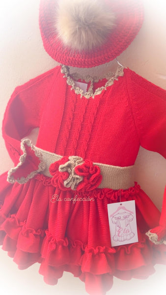 Ela Confeccion Spanish Girls Red & Camel Knitted Dress Set ~ 3y