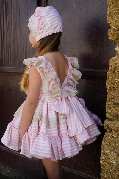 Ela Confeccion SS25 Spanish Girls Pink & Cream Striped Summer Dress Set ~ MADE TO ORDER
