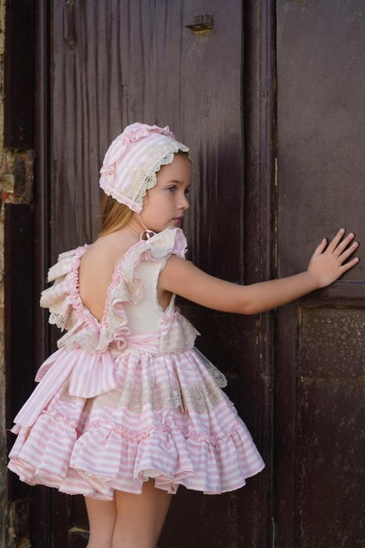 Ela Confeccion SS25 Spanish Girls Pink & Cream Striped Summer Dress Set ~ MADE TO ORDER
