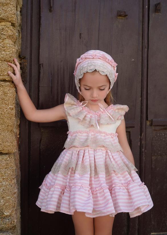 Ela Confeccion SS25 Spanish Girls Pink & Cream Striped Summer Dress Set ~ MADE TO ORDER